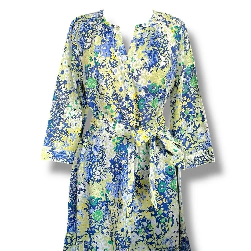 Talbots Womens Midi Dress Sz 14P 14 Petite Blue Butterfly Floral Belted Cotton
